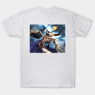 Witch warrior on dragon with flaming magic staff T-Shirt